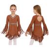 Girls Native American Costume Dress Long Fringed Sleeve V Neck Back Cut Out Design Tassel Hem Thanksgiving Party Dress