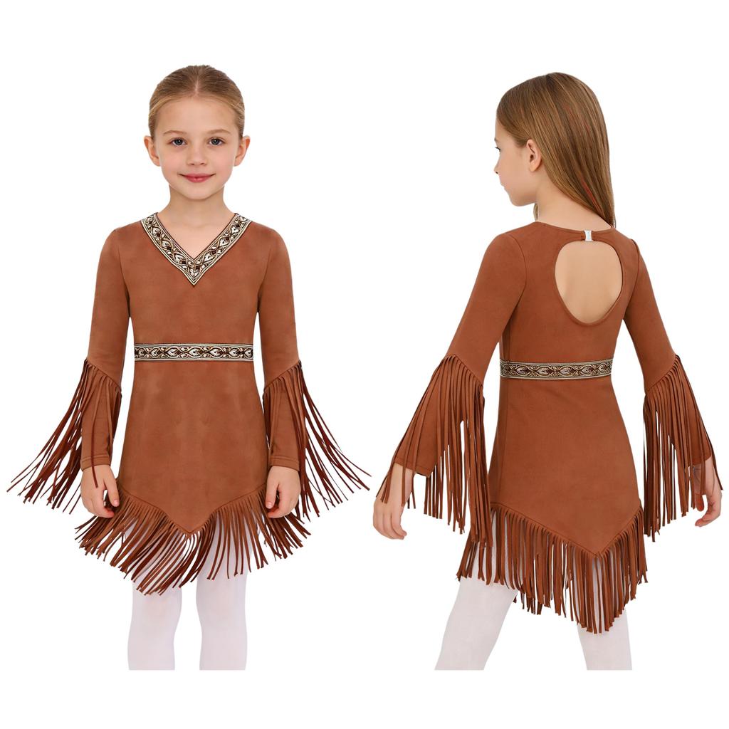 Girls Native American Cosplay Dress V Neck Long Fringed Sleeve Side Waist Zipper Back Cut Out Tassel Hem Dress