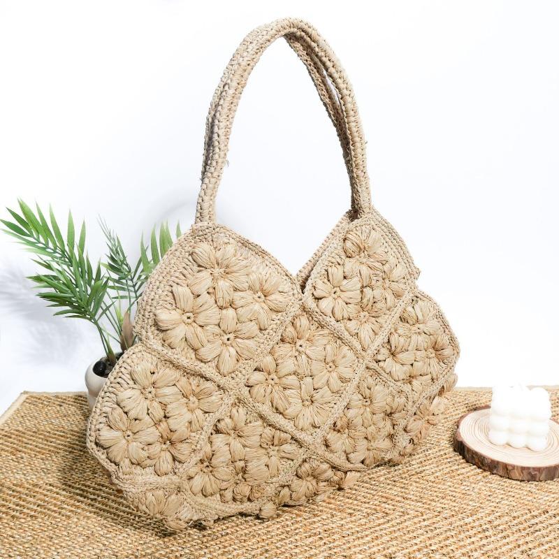 Summer Flower Raffia Straw Woven Bag Versatile Handwoven Bag Women's Large Capacity Portable Seaside Vacation Beach Bag