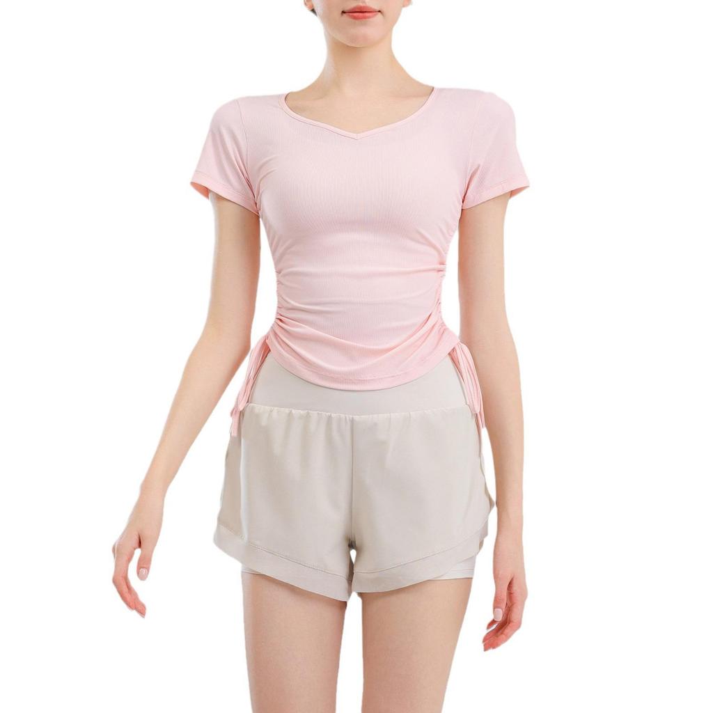 Women's V-Neck Short Sleeve Sports T-Shirt - Solid Color, Breathable, Slimming Fitness Top for Spring/Summer.