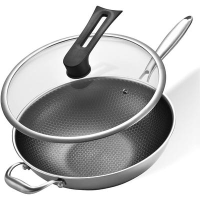 Polonepřilnavý wok z nerezové oceli s víkem - 12palcový třívrstvý povlak voštinová pánev s rukojetí Stay Cool (Vhodné do myčky a trouby)