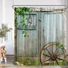 Rustic Barn Door Shower Curtains Rural Life Green Vines Wheel Wooden Plank Door Bath Decor Vintage Western Cowboy Bath Curtain
