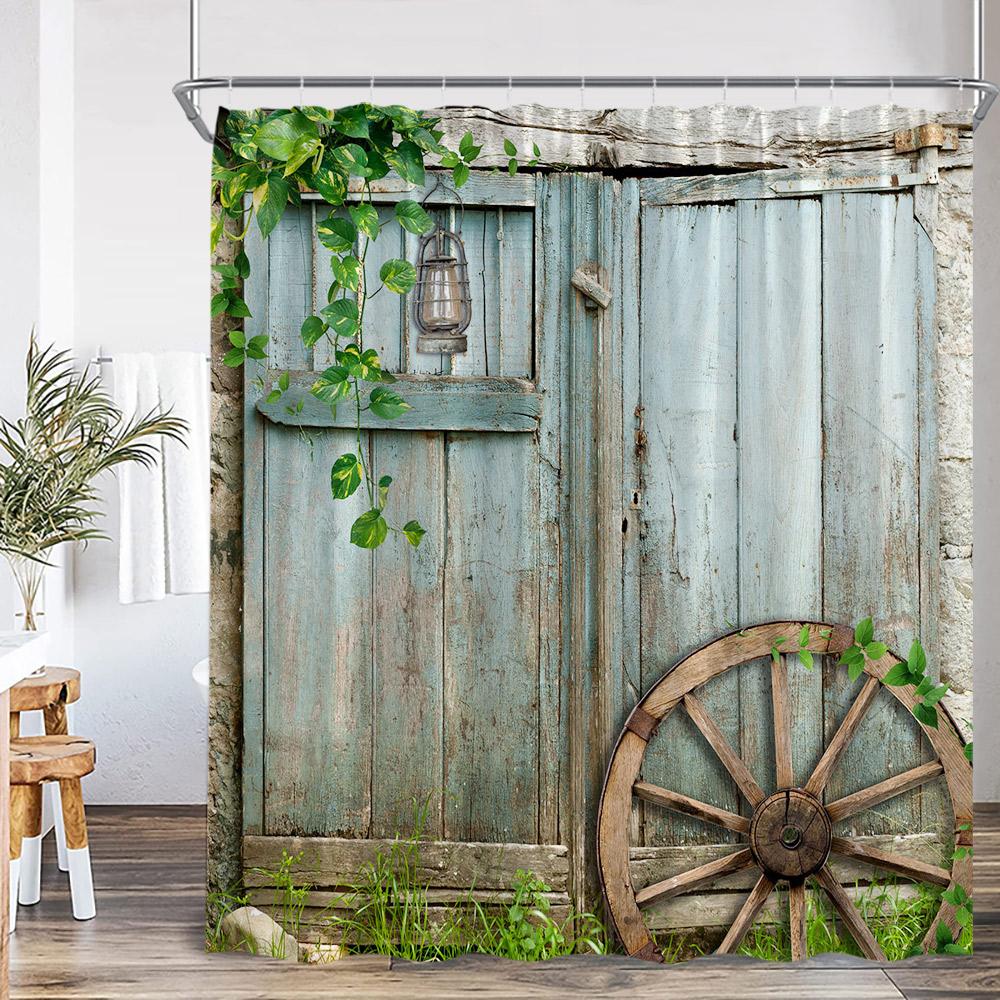 Rustic Barn Door Shower Curtains Rural Life Green Vines Wheel Wooden Plank Door Bath Decor Vintage Western Cowboy Bath Curtain