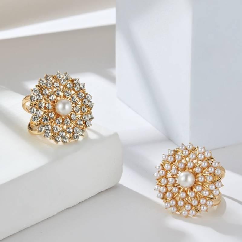 Trendy Pearl Studded Floral Scarf Ring Elegant Alloy Jewelry For Ladies
