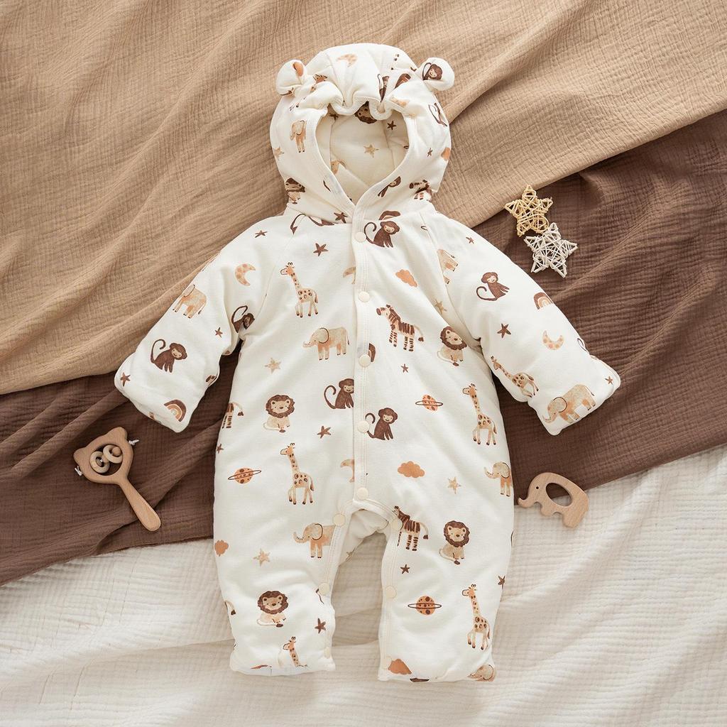 Newborn Winter Jumpsuit with Jacket, Hand & Foot Covers (0-6 Months) - Warm, Thickened Baby Outfit for Outdoor Use