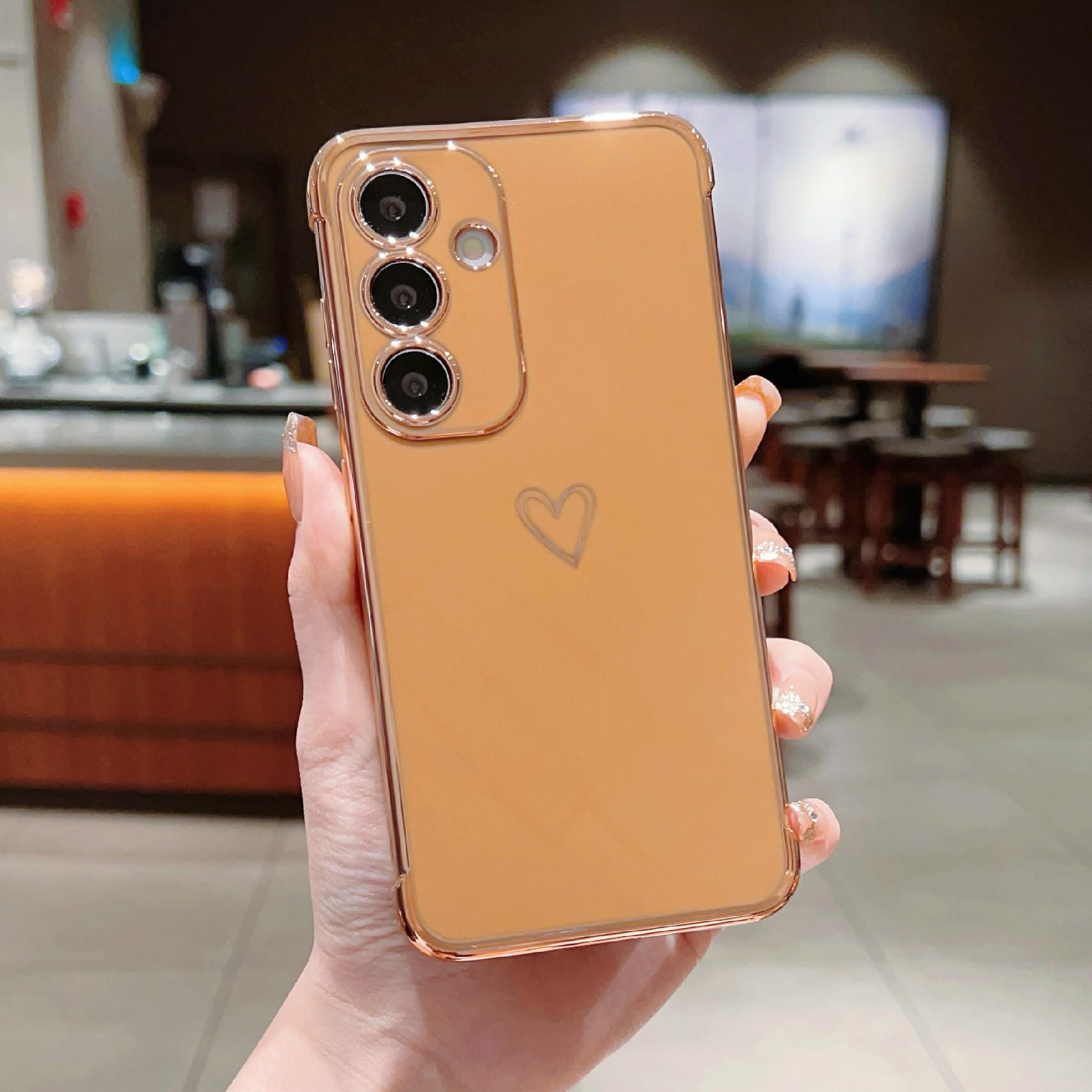 

For Samsung Galaxy S24 FE Case Love Heart Pattern TPU Phone Cover Electroplating Edge Brown