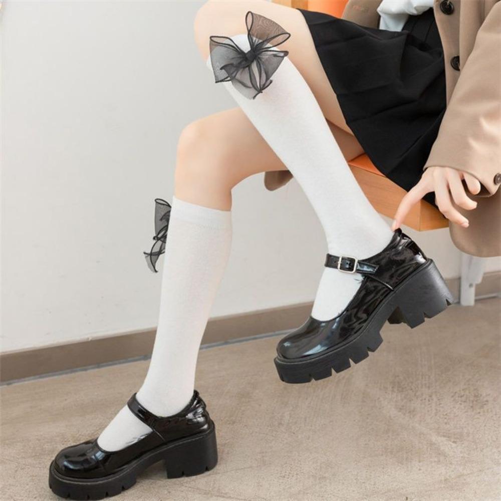 Schleife Röhrensocken Damen Frühling und Herbst Schwarz und Weiß JK Lolita Wadenstrümpfe Japanische Mädchen College-Stil Kniestrümpfe