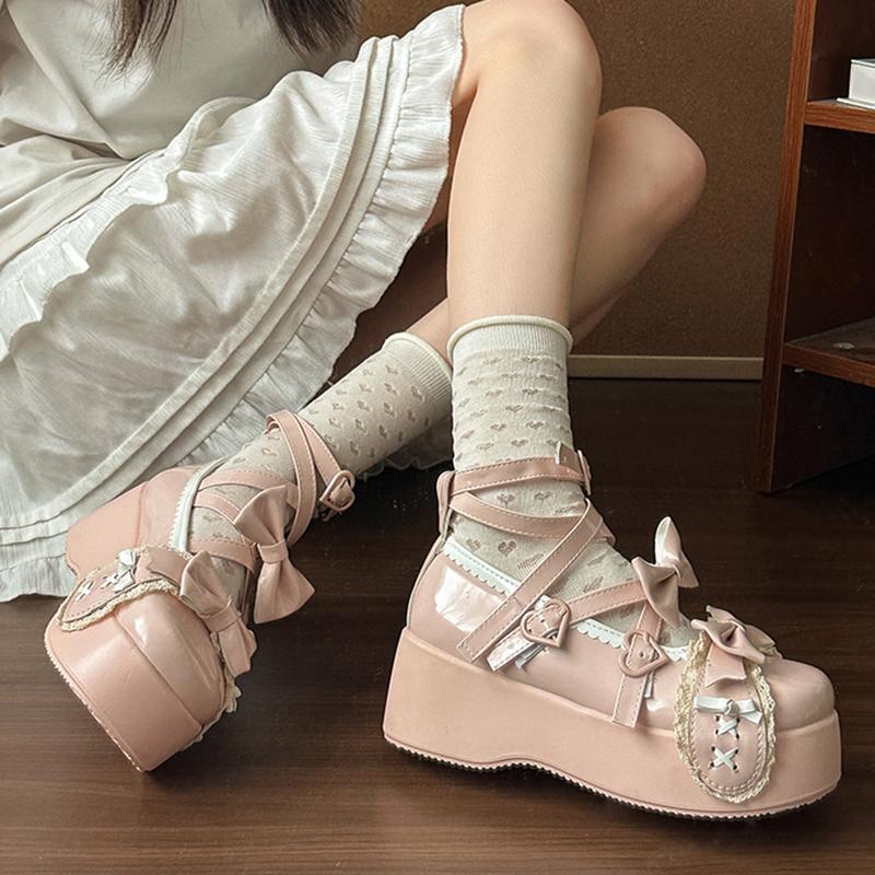 Fashion Sweet Lolita Patent Leather Mary Jane Shoes Women 2025 Autumn Cute Bowknot Decoration Thick Bottom Shoes Y2K Ankle Strap Pumps