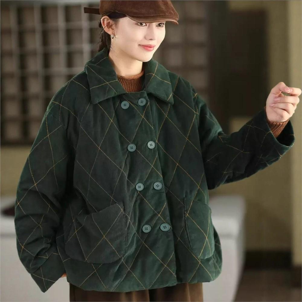 Johnature Women Vintage Turn-dwon Collar Long Sleeve Winter Coats Button Patchwork Pockets Coats