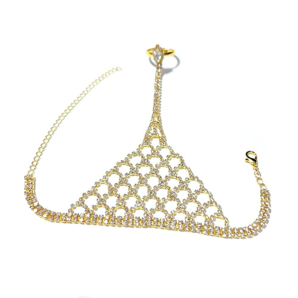 Adjustable Golden Finger Bracelet Rhinestone Hollow Geometric Pendant Stage Performance