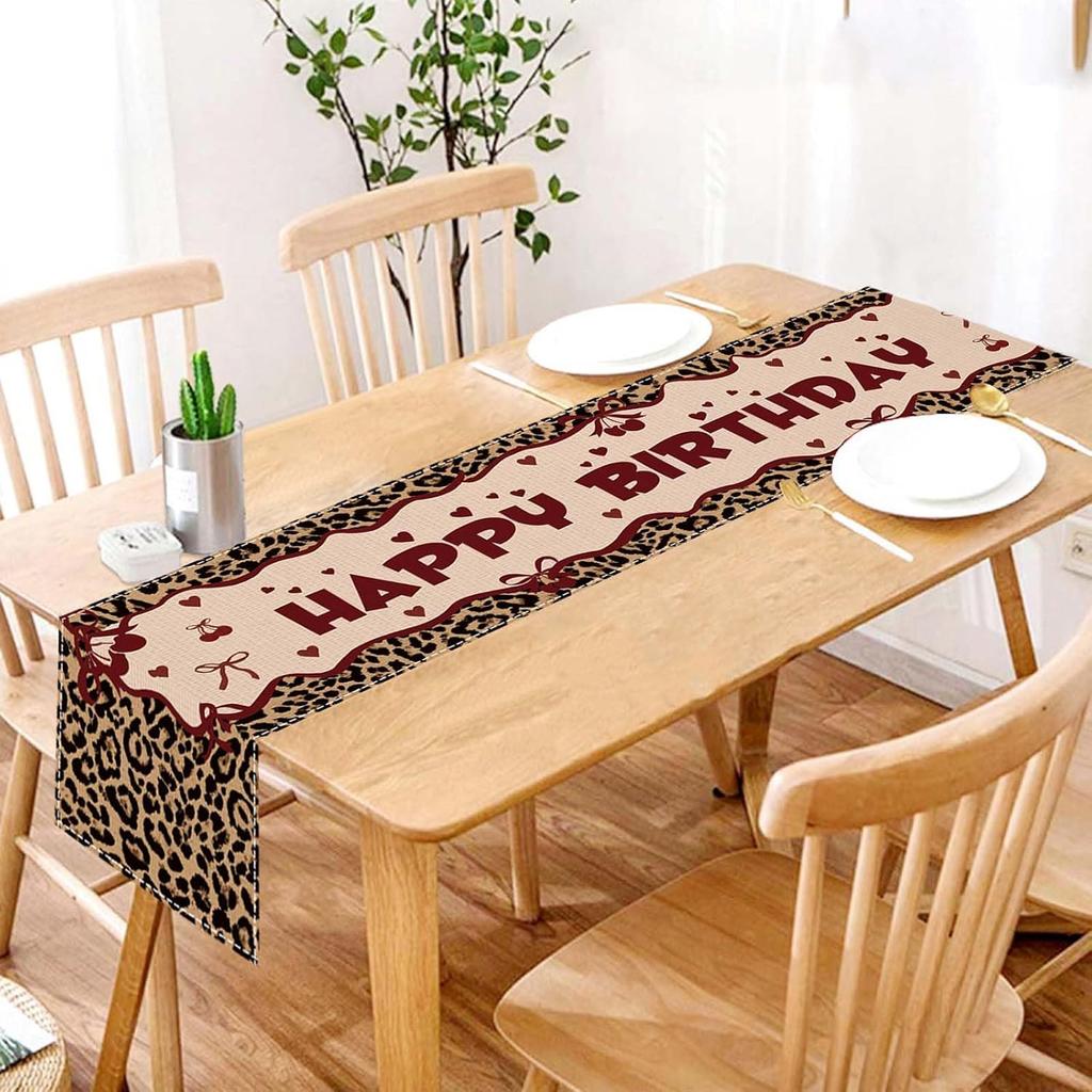 Leopard Print Birthday Table Runner 13 x 72 Inches Cheetah and Cherry Birthday Decorations for Home Kitchen Indoor Holiday Party Farmhouse Decor