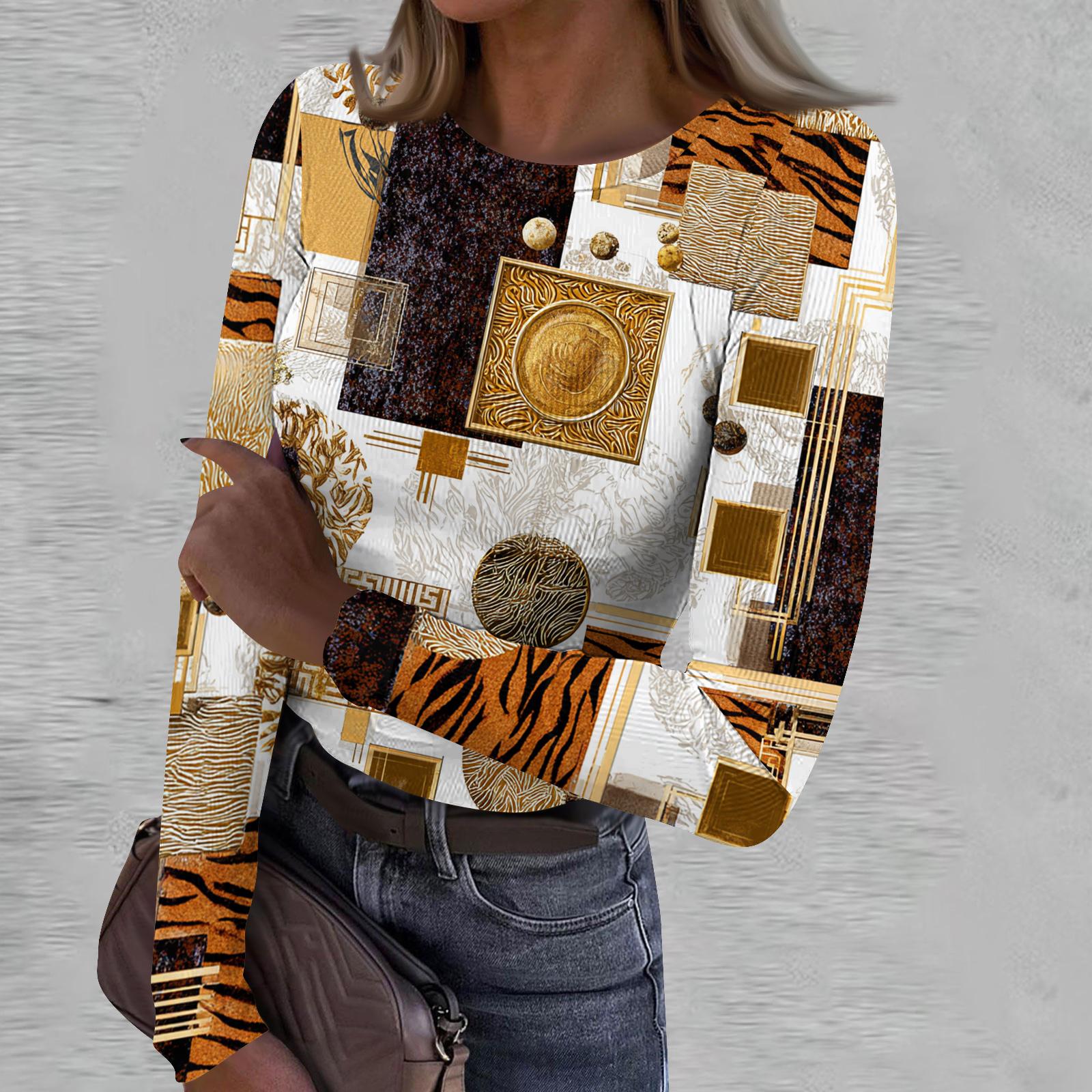 

Women s Casual Fashion Round Neck Retro Print Long Sleeve Ribbed Top XL білий