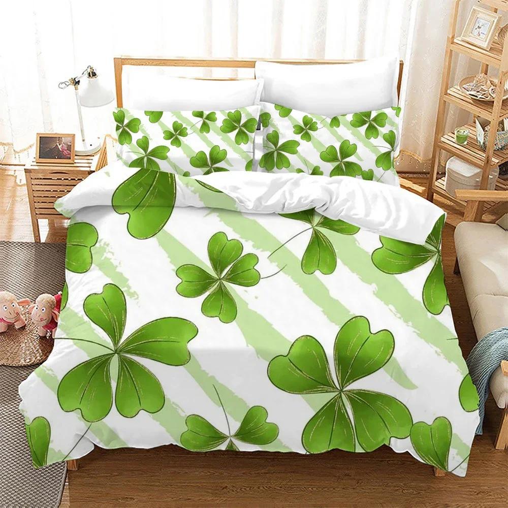 St. Patrick'S Day Duvet Cover Set Lucky Clovers Bedding Set Microfiber Green Four Leaves Clover Comforter Cover Twin Queen Size