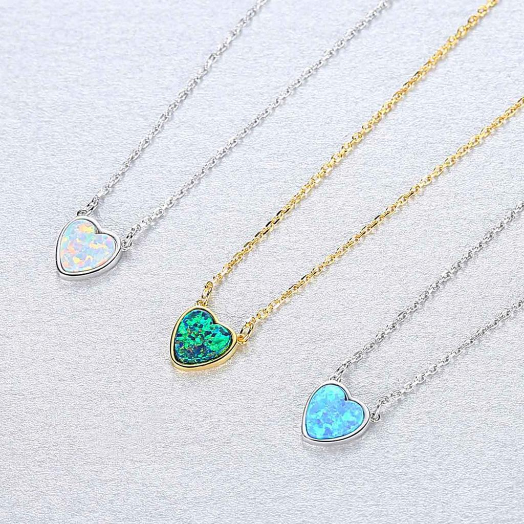 Silverbene Simple Heart Created Opal 925 Sterling Silver Necklace