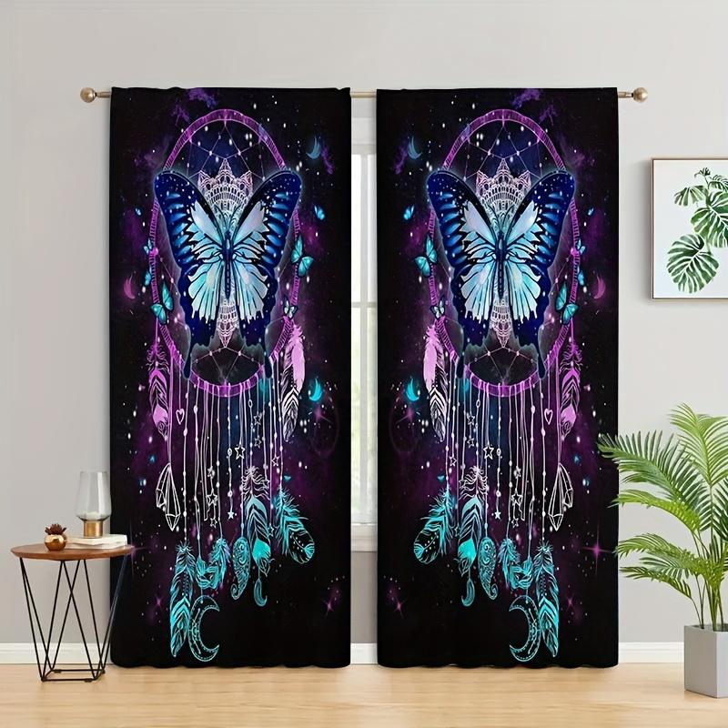 2pcs Five-colored Butterfly Printed Curtains, Study Room Kitchen Living Room Dorm Room Rod Pocket Window Drapes, Bedroom Accesso