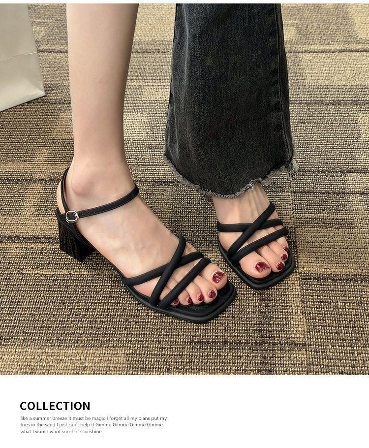 One-Strap Chunky Heel Square Toe White Sandals - 2025 Spring French Style Women's Mid-Heel