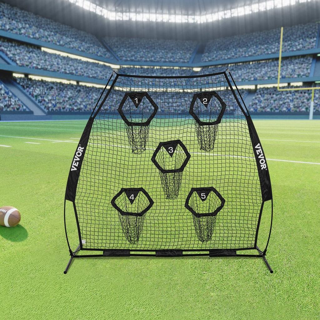2133.6 x 2133.6mm Football Trainer Throwing Net, Training Throwing Target Practice Net with 5 Target Pockets, Knotless Net Includes Straps and