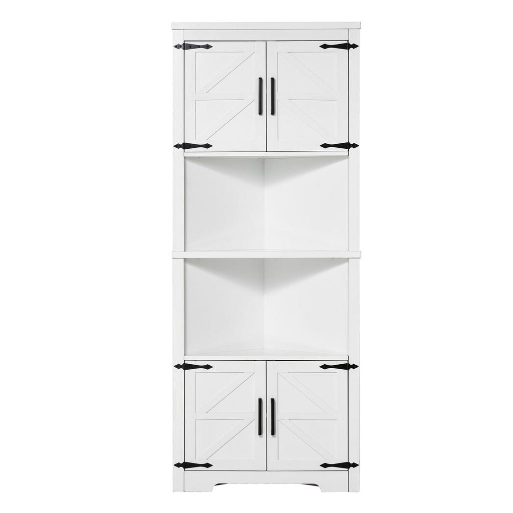 68" Corner Storage Cabinet with 4 Wooden Doors & Adjustable Shelves White