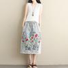 Women Midi Skirt Elastic Drawstring Waist Embroidery Flower Pattern Denim Skirt with Pockets Side Split Hem Skirt