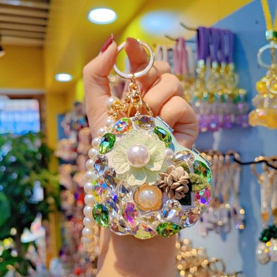 Folding Mirror Keychain Ladies Double-Sided Make-up Mirror with Faux Pearl Chain Rhinestone Mirror Pendant for Travel Touch-ups Bag Accessory