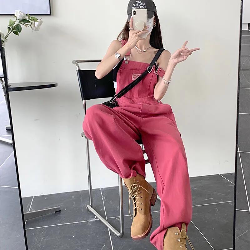 Design Sense Pink Denim Overalls Women's Summer Thin Net Red Niche Slim Casual Straight Wide-leg Pants