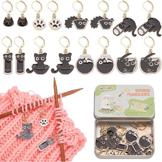 NBEADS 16 Pcs Black Cat Stitch Markers, Alloy Enamel Crochet Stitch Markers with Removable 304 Stainless Steel Leverback Clasp