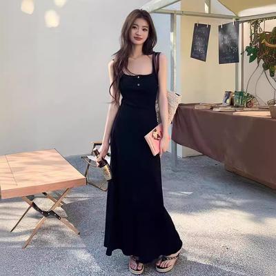 Pure Desire Sexy Suspender Vest Skirt Temperament Black Dress Women's French Design Feeling Waist and Thin Long Skirt Summer