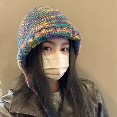 Neue japanische Farbverlauf-Wolle Vintage Farbstreifen Mützen Frauen handgemachte Häkelmütze dicke warme Strickmütze Winter Eimer Hut