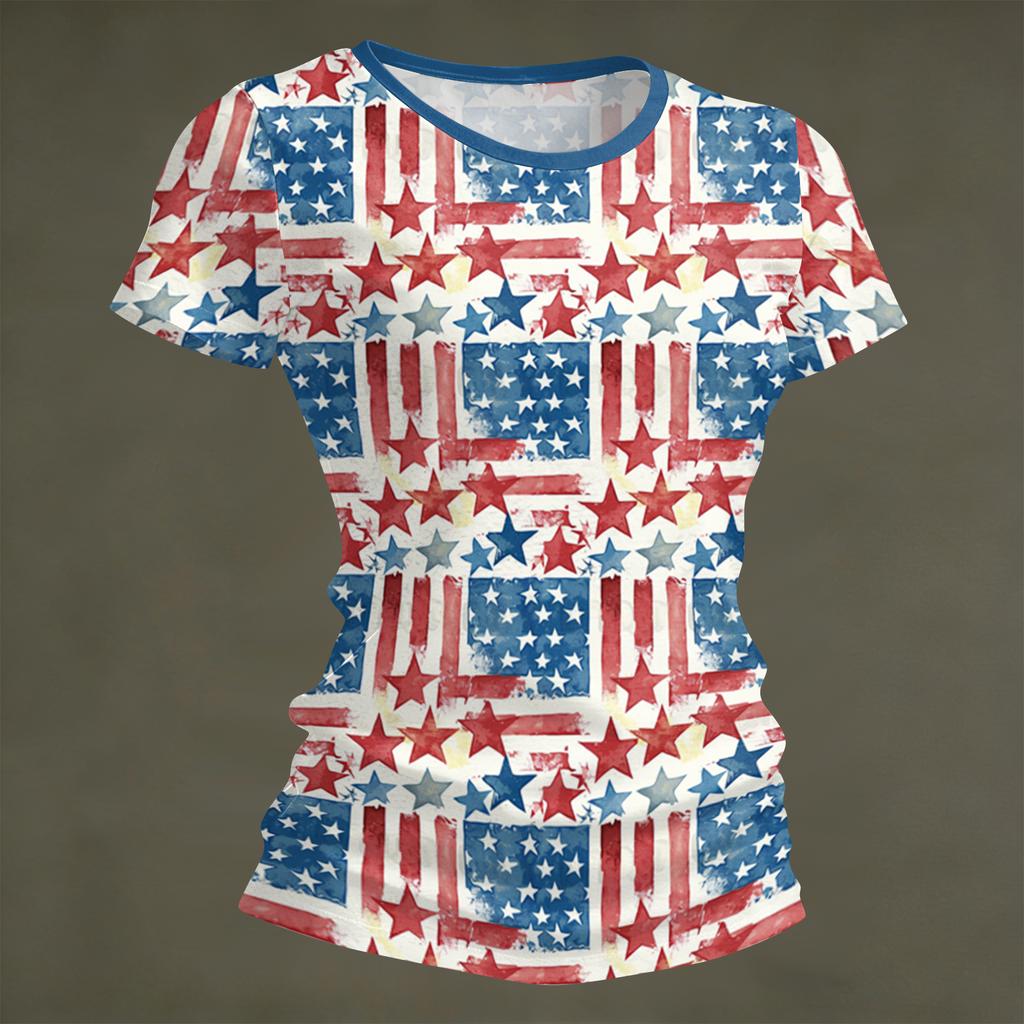 Damenmode Rundhals Unabhängigkeitstag Druck Kurzarm Locker Rundhals T-Shirt Top