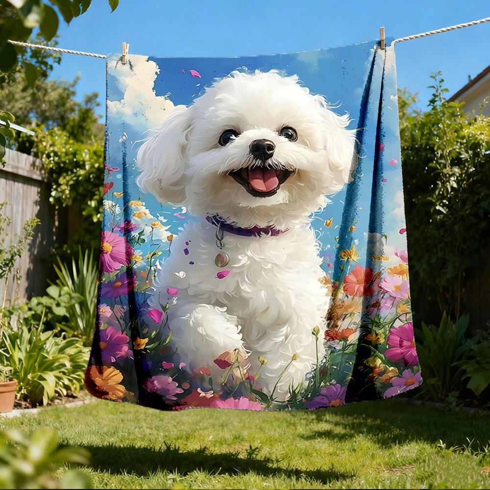 1pc Fluffy White Dog Outdoor Blanket - Lightweight Flannel Throw For Travel, Camping, Livingroom, Couch, Chair Yy251114231