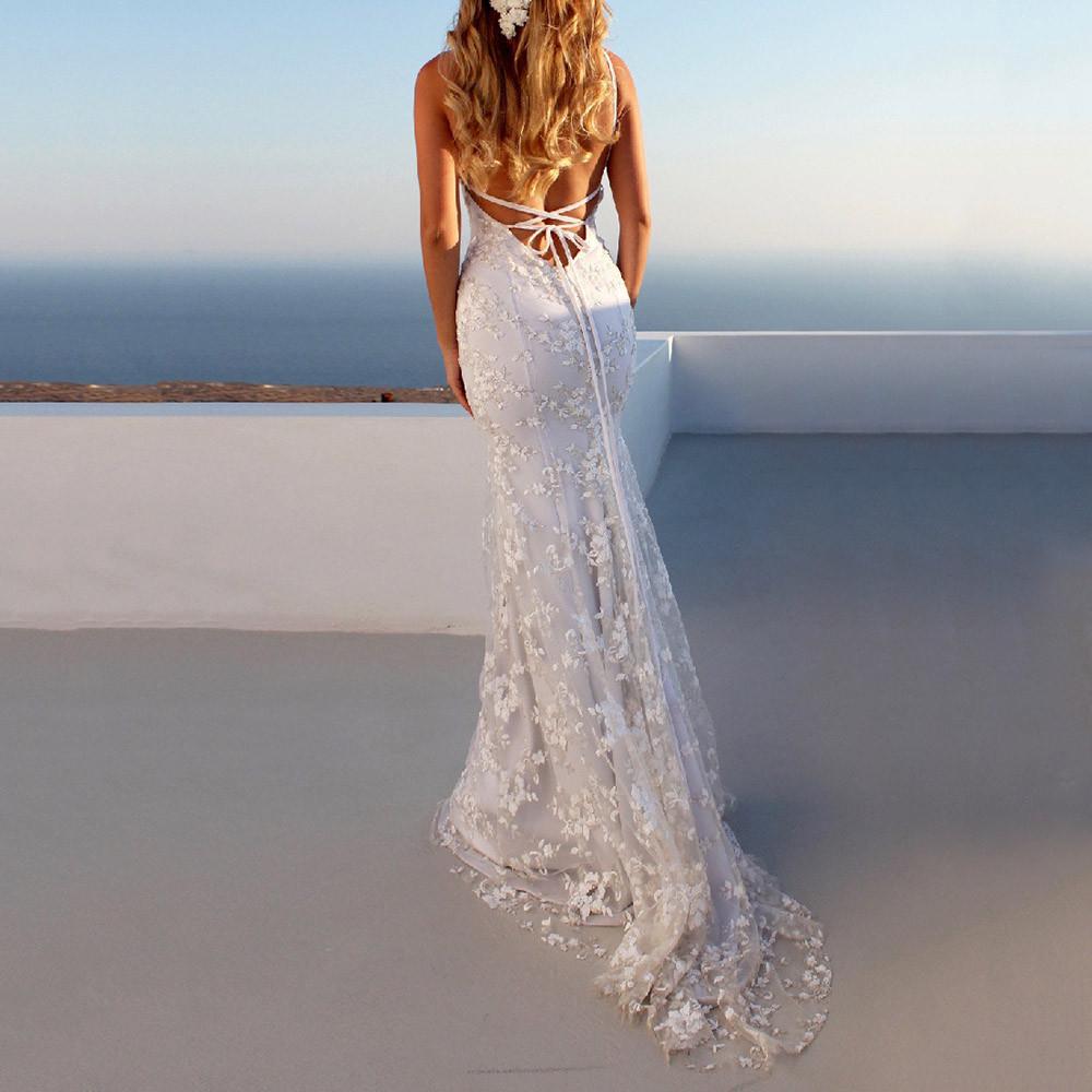Women Formal Dresses Fashion Lace Backless Deep V Neck Sleeveless Long Dress