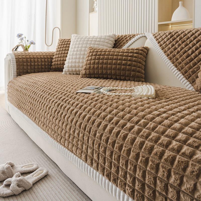 Nordic Simple Sofa Cushion Winter Plush Seat Cushion Straight Row Chinese Retro Thickened Non-Slip Flannel Sofa Cover