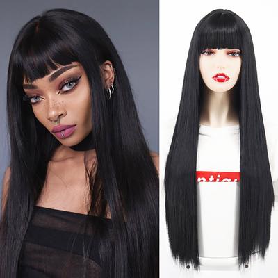 Women Long Straight Wig with Blunt Bangs Synthetic High Temperature Fiber Black Brown Blonde Ombre Color Wig for Women