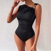 Women Black Sleeveless Oblique Shoulder Metal Buckle Slim Waist Fitted Bodysuit
