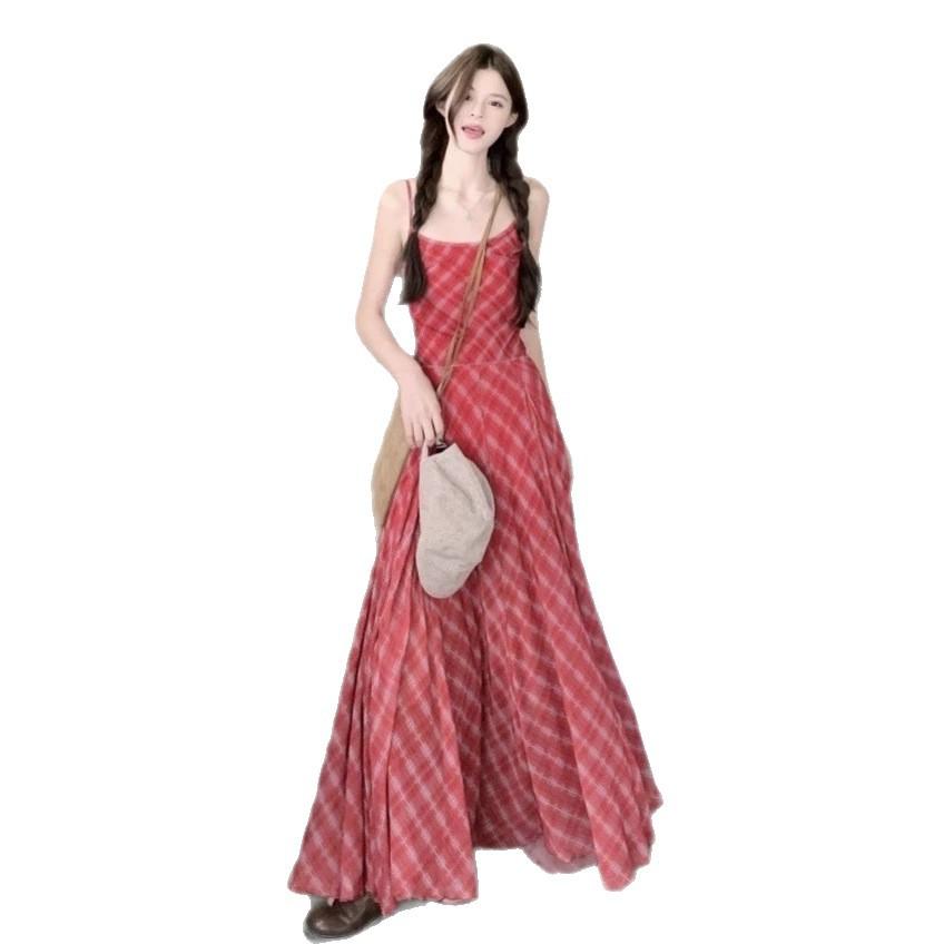 Red Plaid Long Skirt Xinjiang Dopamine Bright Yunnan Vacation Bohemian Dress Seaside Dingdar