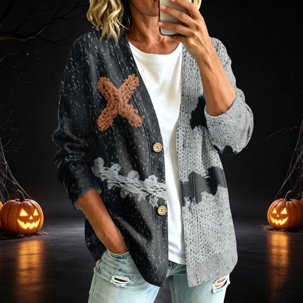 Women's Casual Button-Up Printed Jacket for Halloween Festival