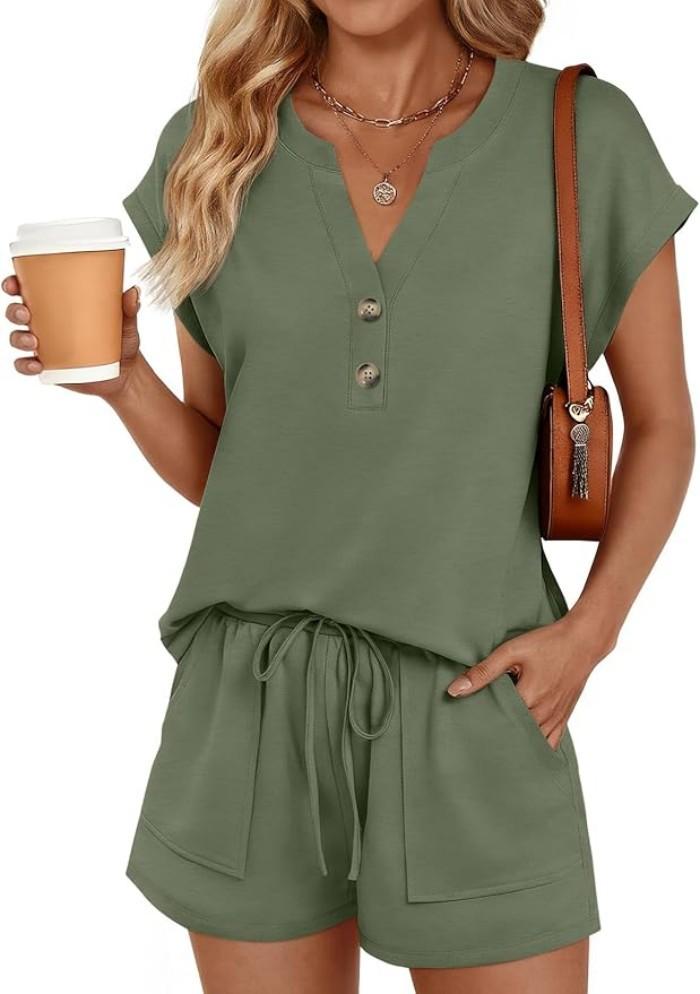 2026 spring and summer new cross-border Amazon spring and summer new V-neck button loose short-sleeved two-piece set women s clothing S