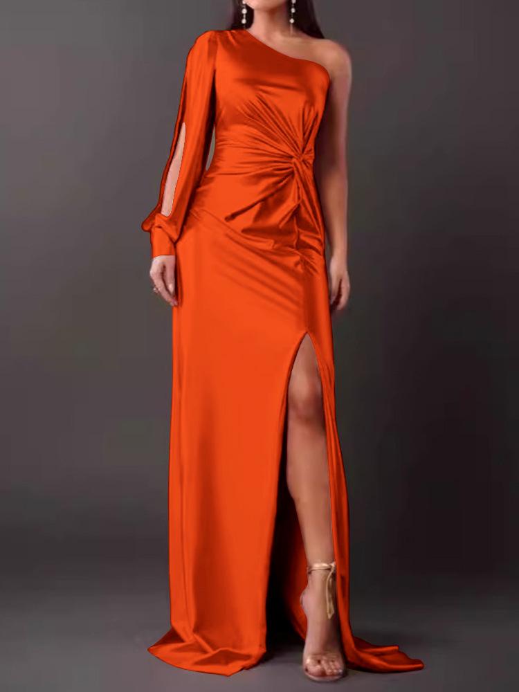 New Women's One-Shoulder Raglan Sleeve Pleated Waist Slit Sexy Long Dress