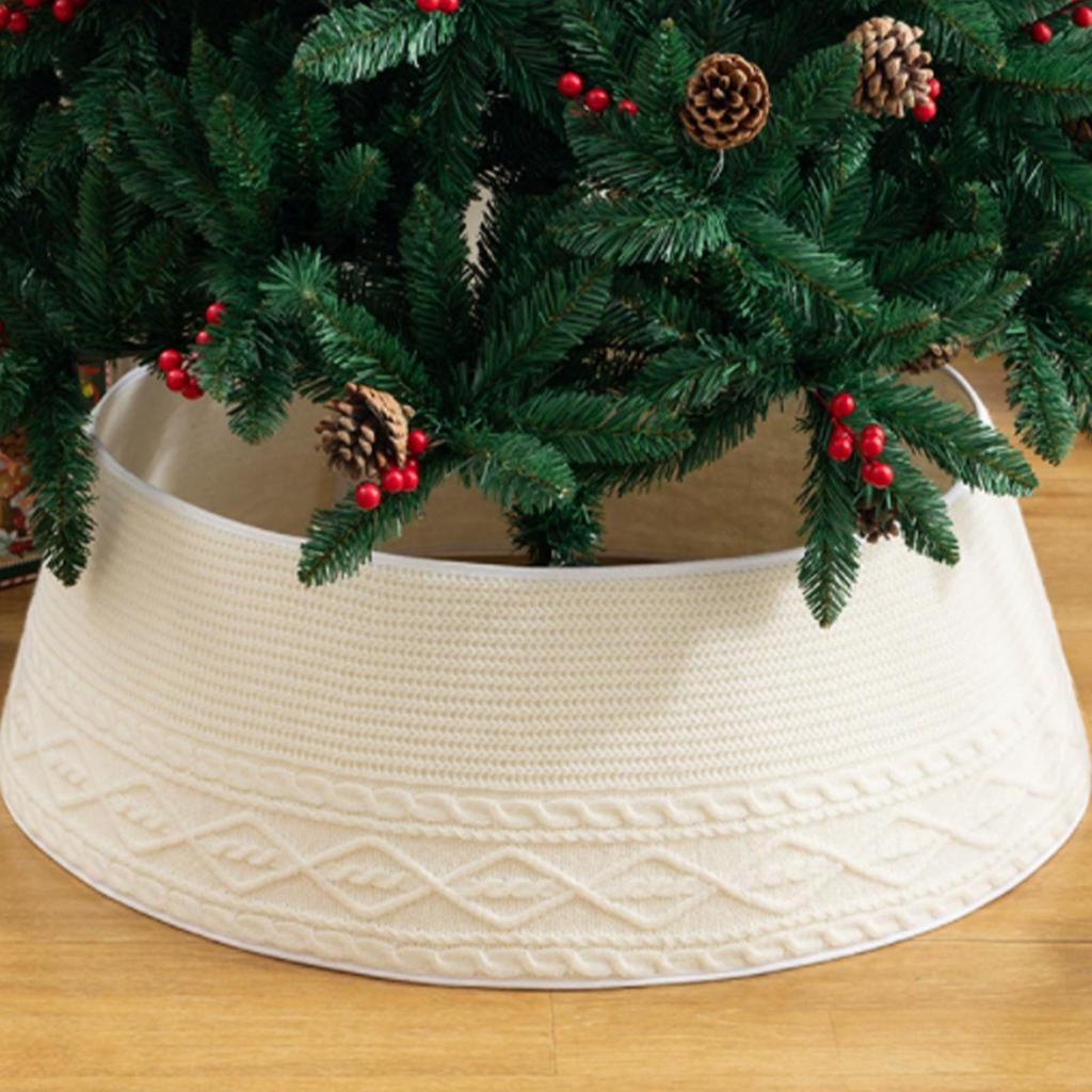 Christmas Tree Base Cover Knitted Rustic Chunky Ring Cream Rhombic Edge Christmas Tree Stand Cover For Farmhouse Home Winter