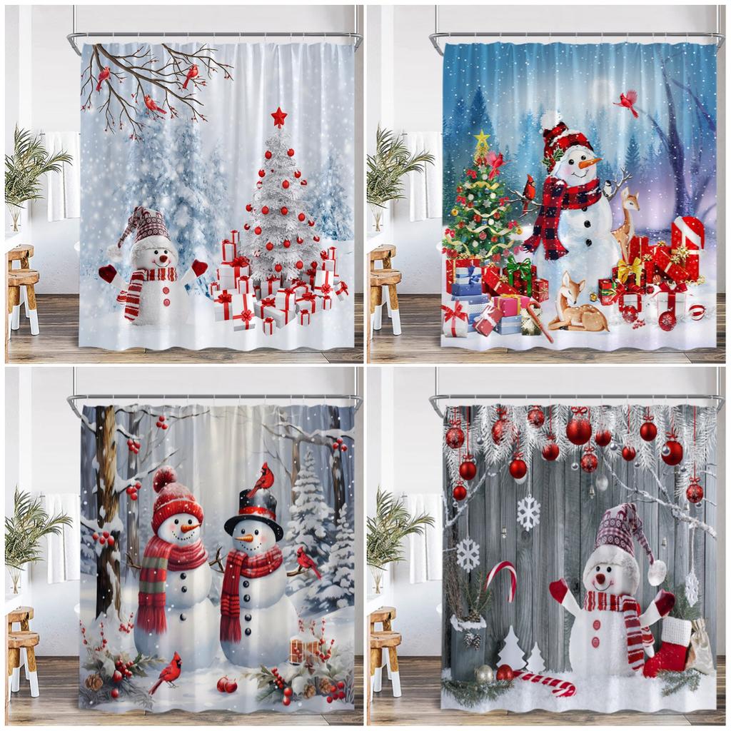 Cute Snowman Christmas Shower Curtains Xmas Tree Gift Winter Forest Red Bird Cedar Snowflake Scenery Home Bathroom Curtain Decor