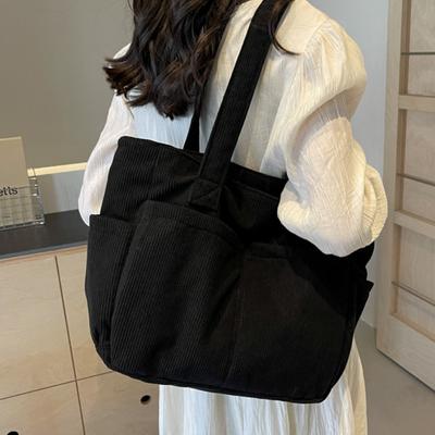 Large Capacity Women's Corduroy Tote Bag Casual Striped Shoulder Bag with Fixed Straps Zipper Handbag for Daily Commuting