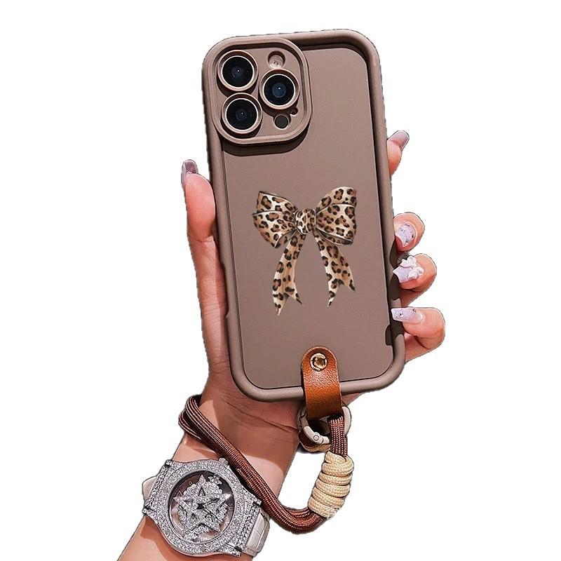 Leopard Print Bow Lanyard Is Suitable for Apple 16 Mobile Phone Case 15PRO All-inclusive 14 Matte 11 Anti-drop 13 Protective Case 7.