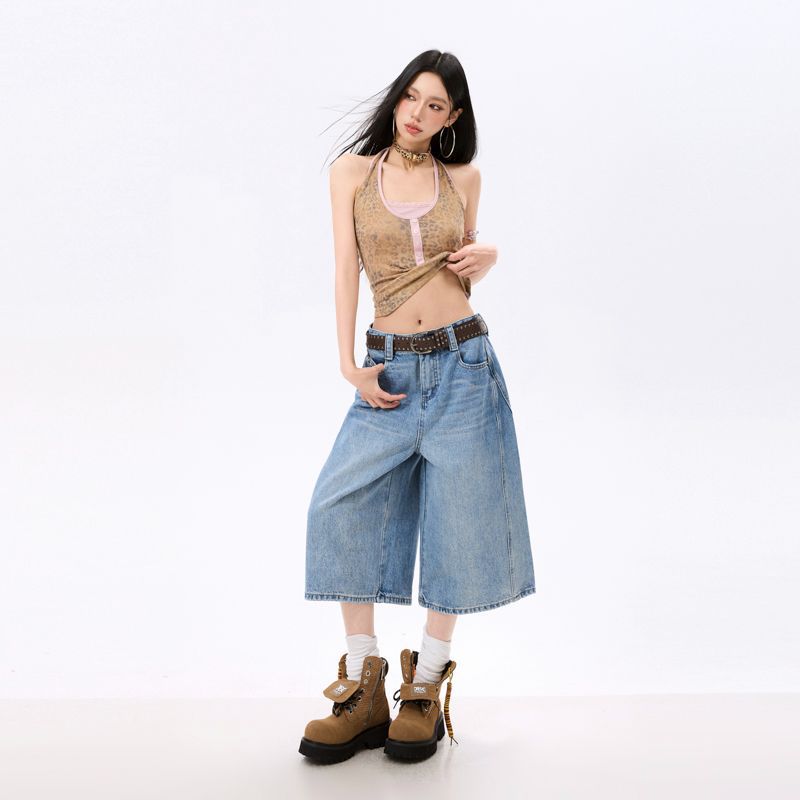 Fashion Summer Relax Fit Casual Wide Leg Cropped Capri Denim Pants For Women Trendy Versatile Loose Straight Slimming AllMatch Design