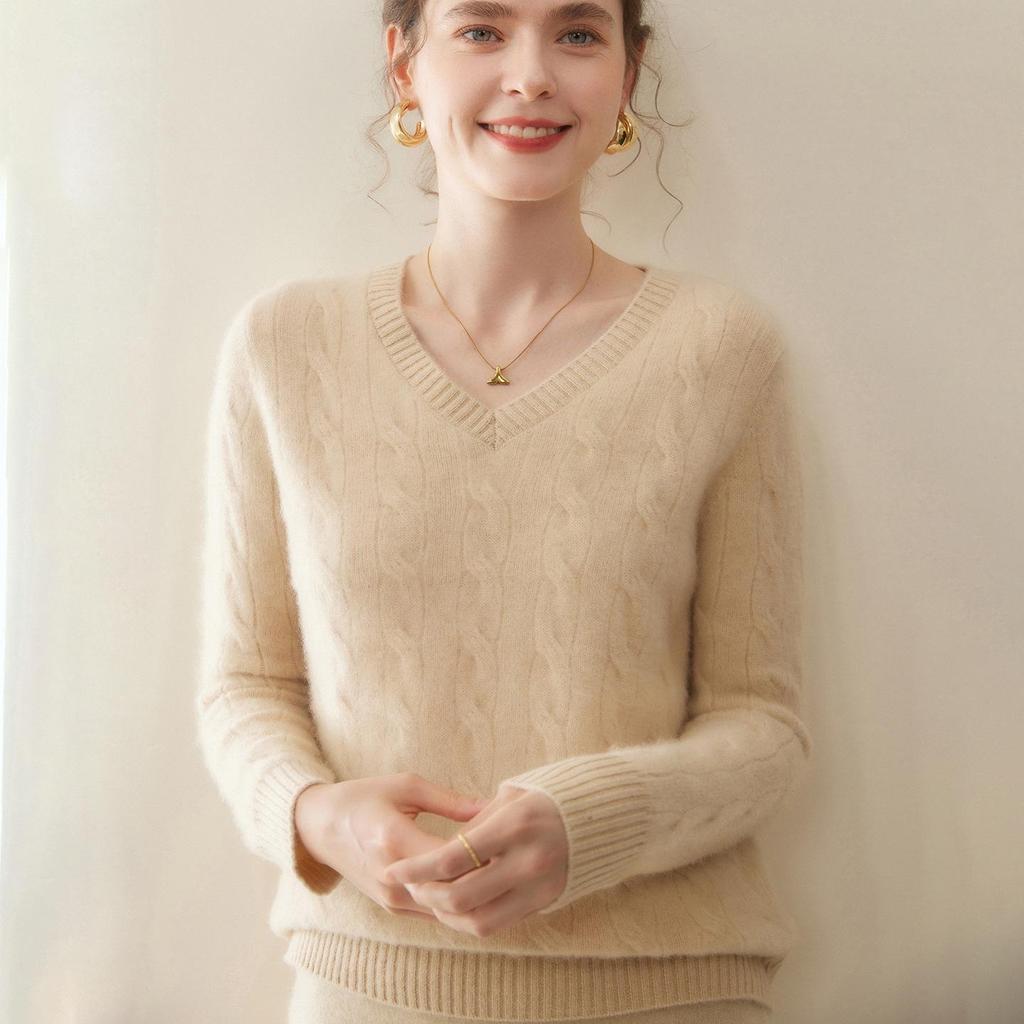 Women’s Cashmere V-Neck Knit Sweater - 2025 Autumn/Winter Collection, Double-Strand, Thickened, Short, Pure Color, Warm Base Layer.