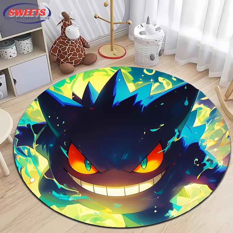 Pokemon Gengar Druck Runder Teppich, Kinderzimmer Bodenmatte Rutschfest Wohnzimmerteppich, Waschbarer Teppich für Heimdeko Geschenk Potdemiel