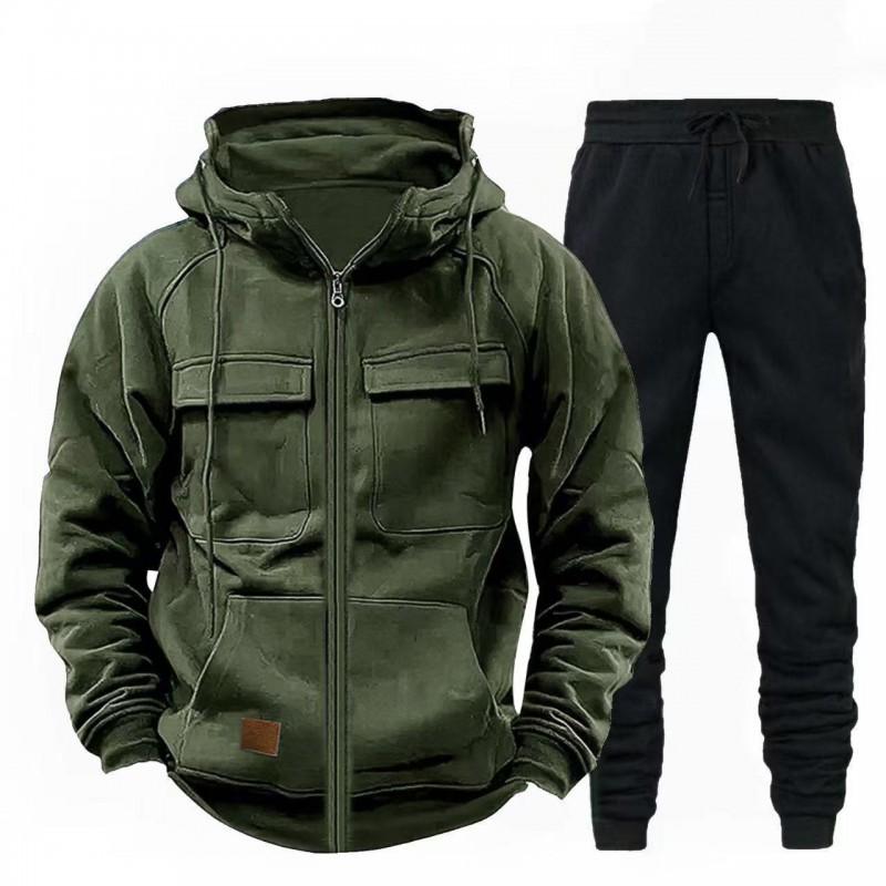 Mens Hooded Zip-Up Workwear Sweatsuit Set Long Sleeve Top Pants Fall Casual Two-Piece Outfit