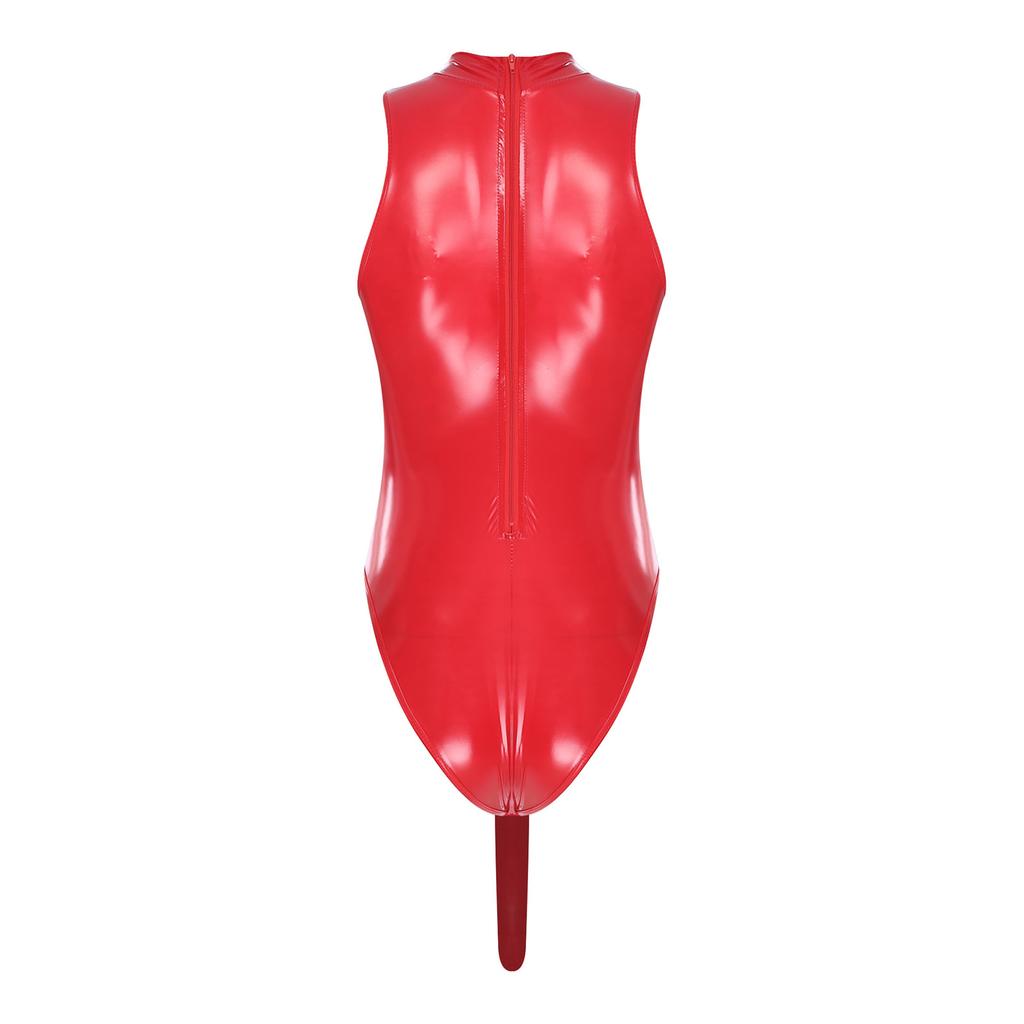 Herren Glänzender PU Ärmelloser Stehkragen Beutel Bodycon Bodysuit Dessous