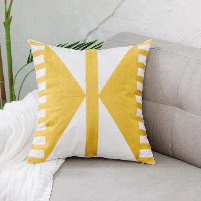 Home Decor Embroidered Cushion Cover Yellow Ginger/White Geometric Floral Canvas Cotton Square Embroidery Pillow Cover 45X45Cm