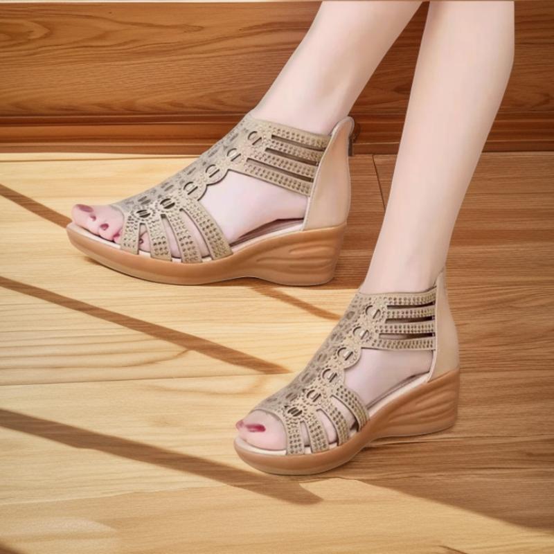 

New Roman Hollow Rhinestone Women s Shoes Summer Comfortable Wedge Sandals Fashion Zipper Suede Open Toe High Heels NO:A020 40 чорний