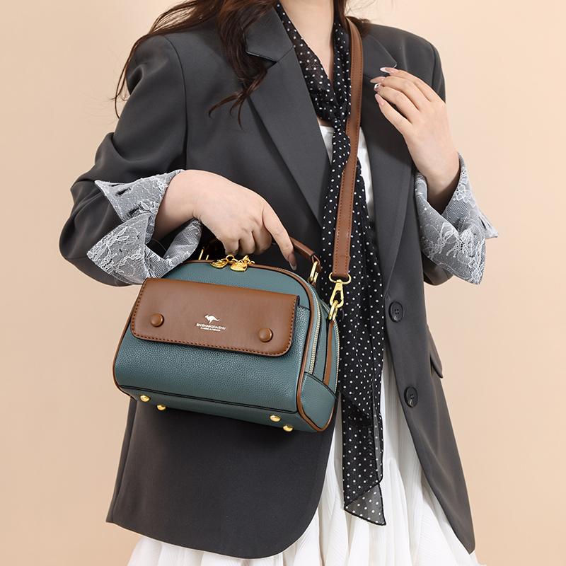 Women's PU leather top handle crossbody bag with multiple pockets, stylish contrasting color matching, and simple shoulder bag